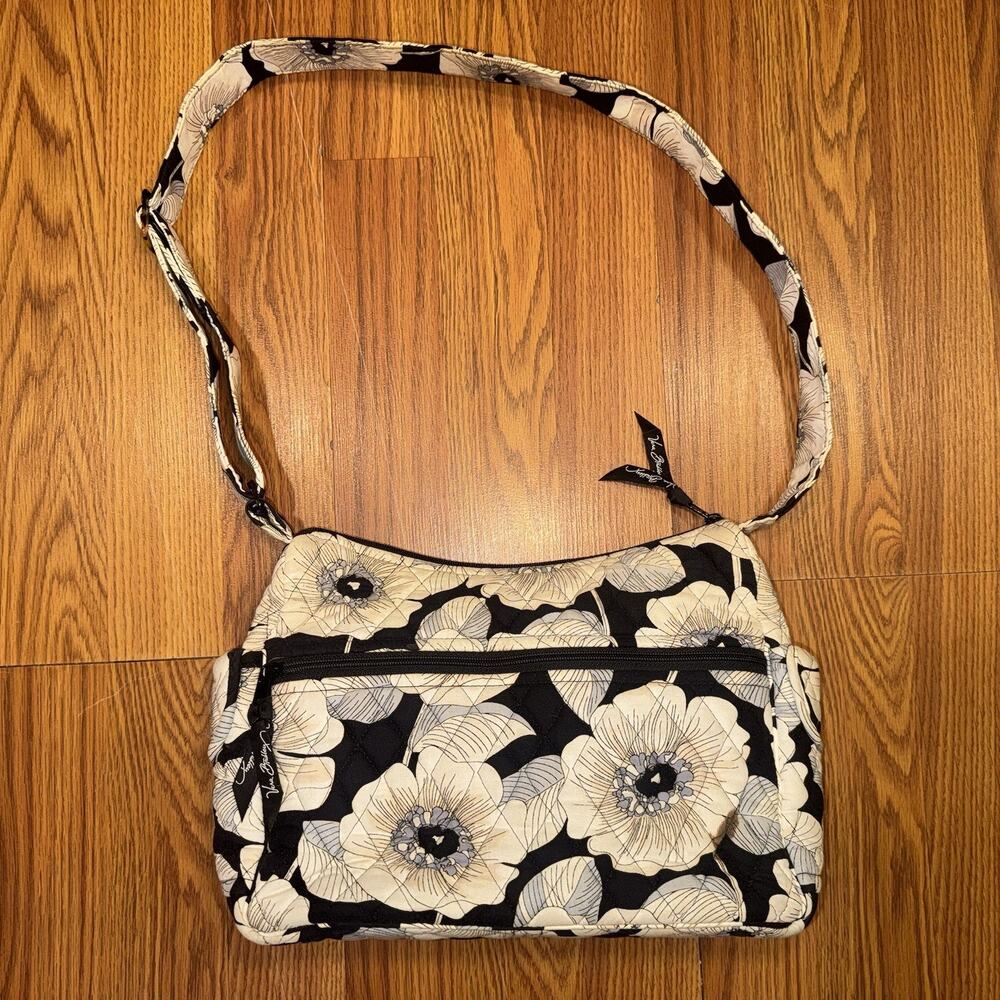 Vera Bradley Camellia Hipster Crossbody Bag,‎ White & Cream Floral Against Black
